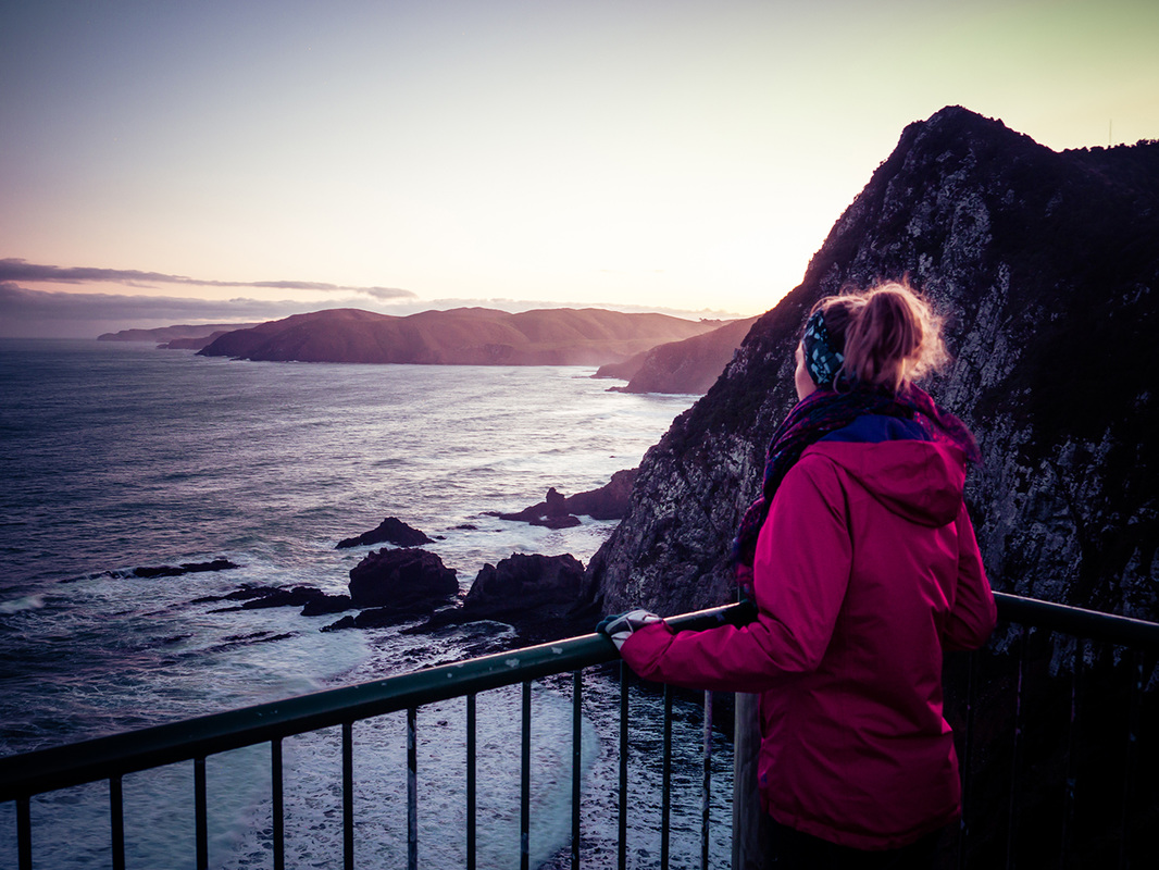 Picture of a woman overlooking the sea on the South Island in New Zealand 