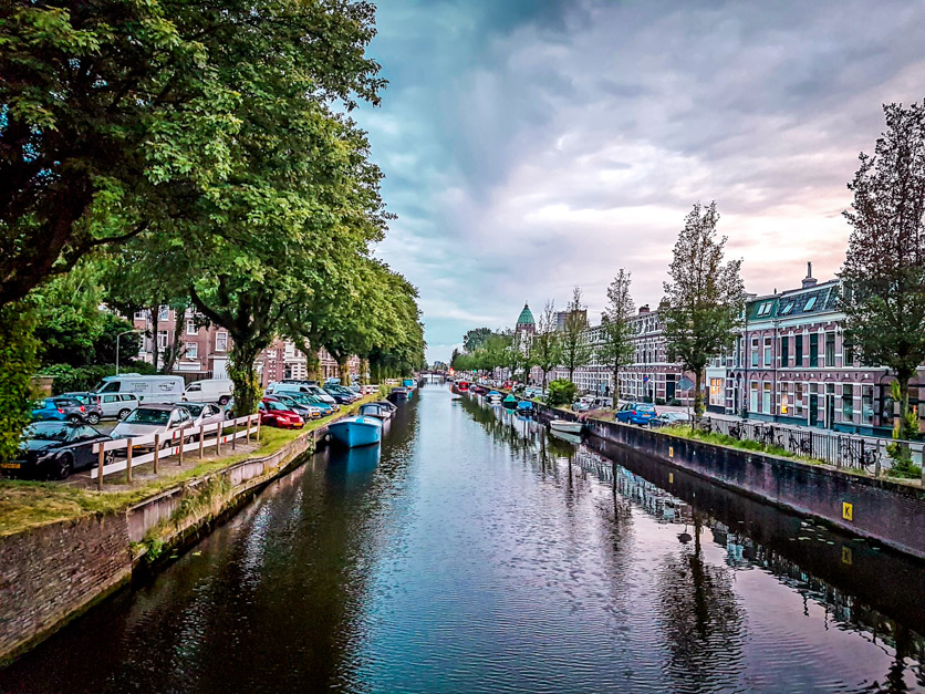 Green trees and beautiful buildings line the Amsterdam canals