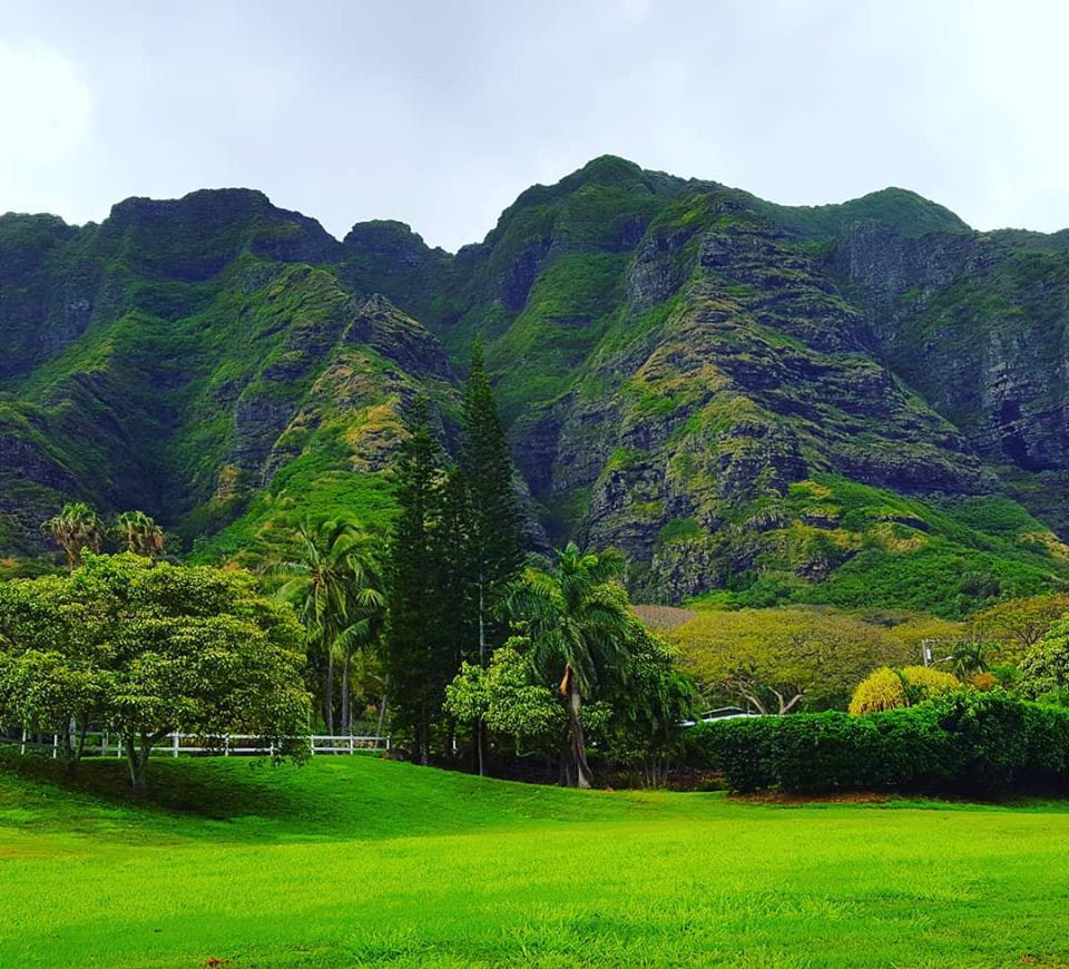 Picture of a mountain range on the Kualoa Ranch grounds in Hawaii