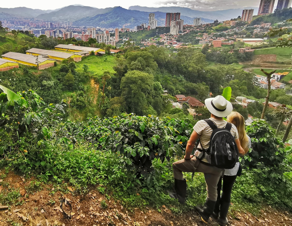 A couple standing on a hill overlooking the city from a vineyard in Colombia, South America 