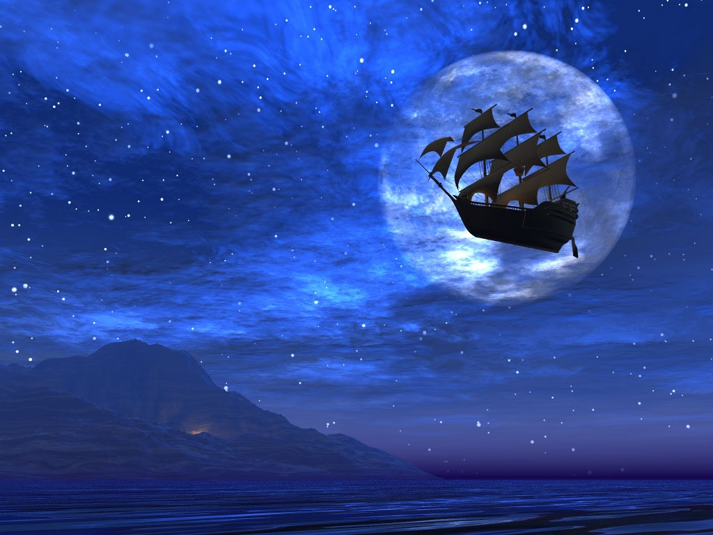 Ship silhouette over a moon, Neverland