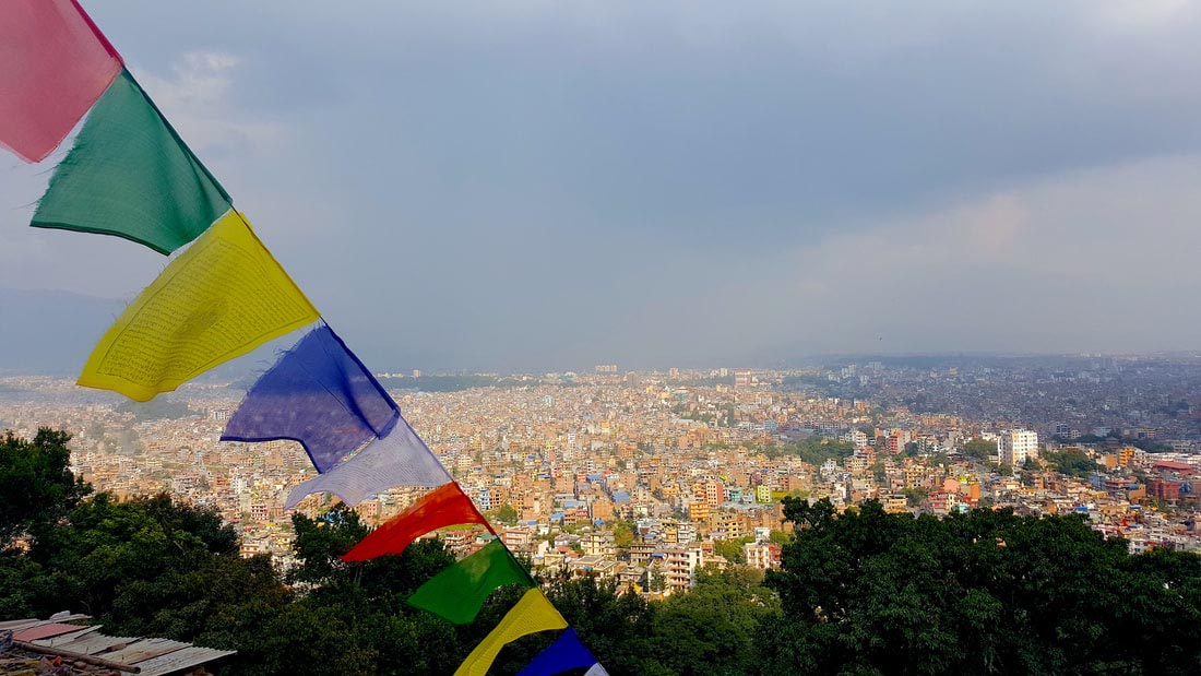 Colourful flags flutter atop the city of Kathmandu, Nepal